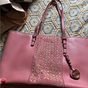 Michael Kors Rose Pink Leather Tote with Gold Cutout Accents